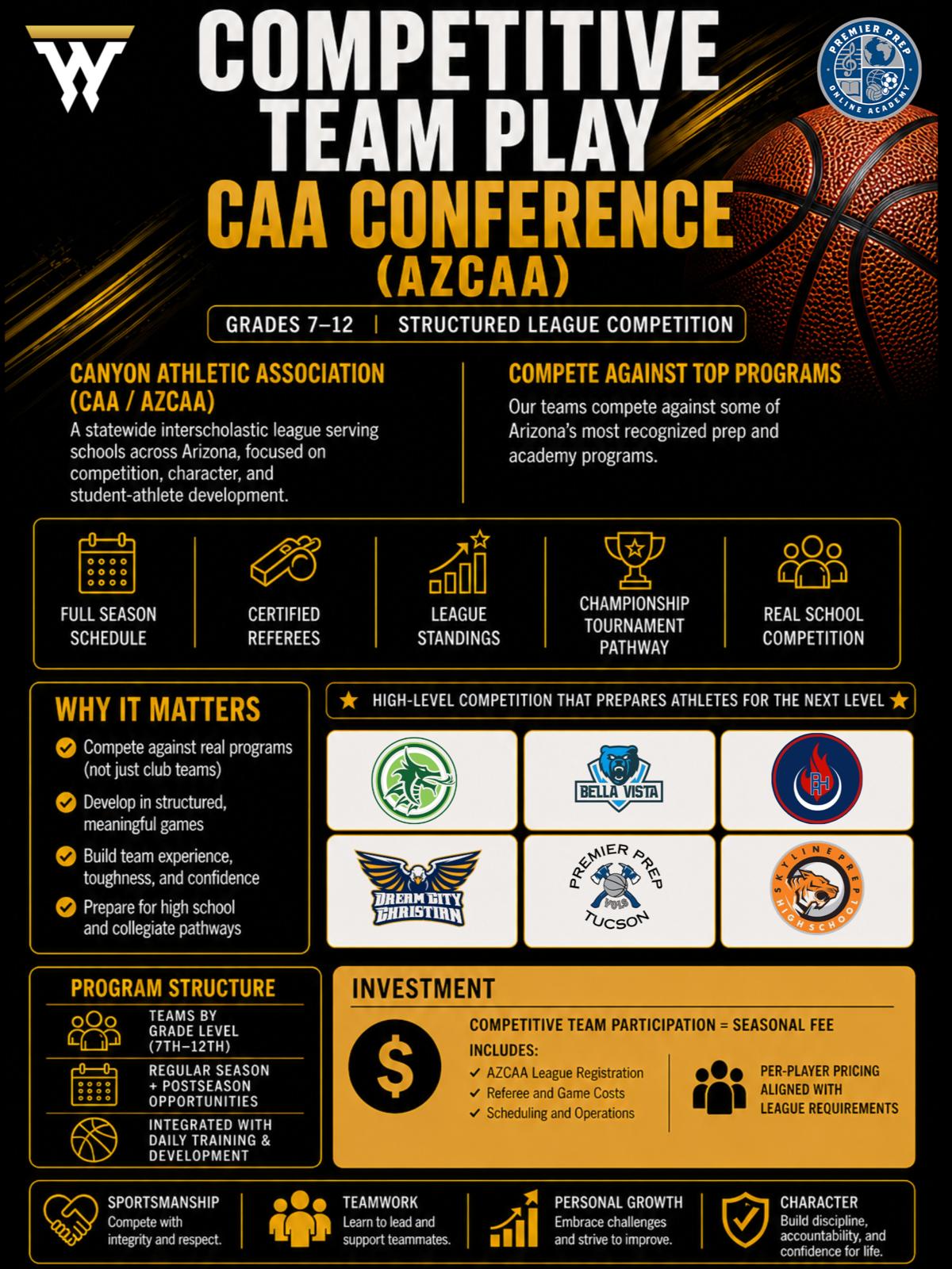 Competitive team play in the CAA Conference (AZCAA), grades 7-12, against top Arizona prep and academy programs.