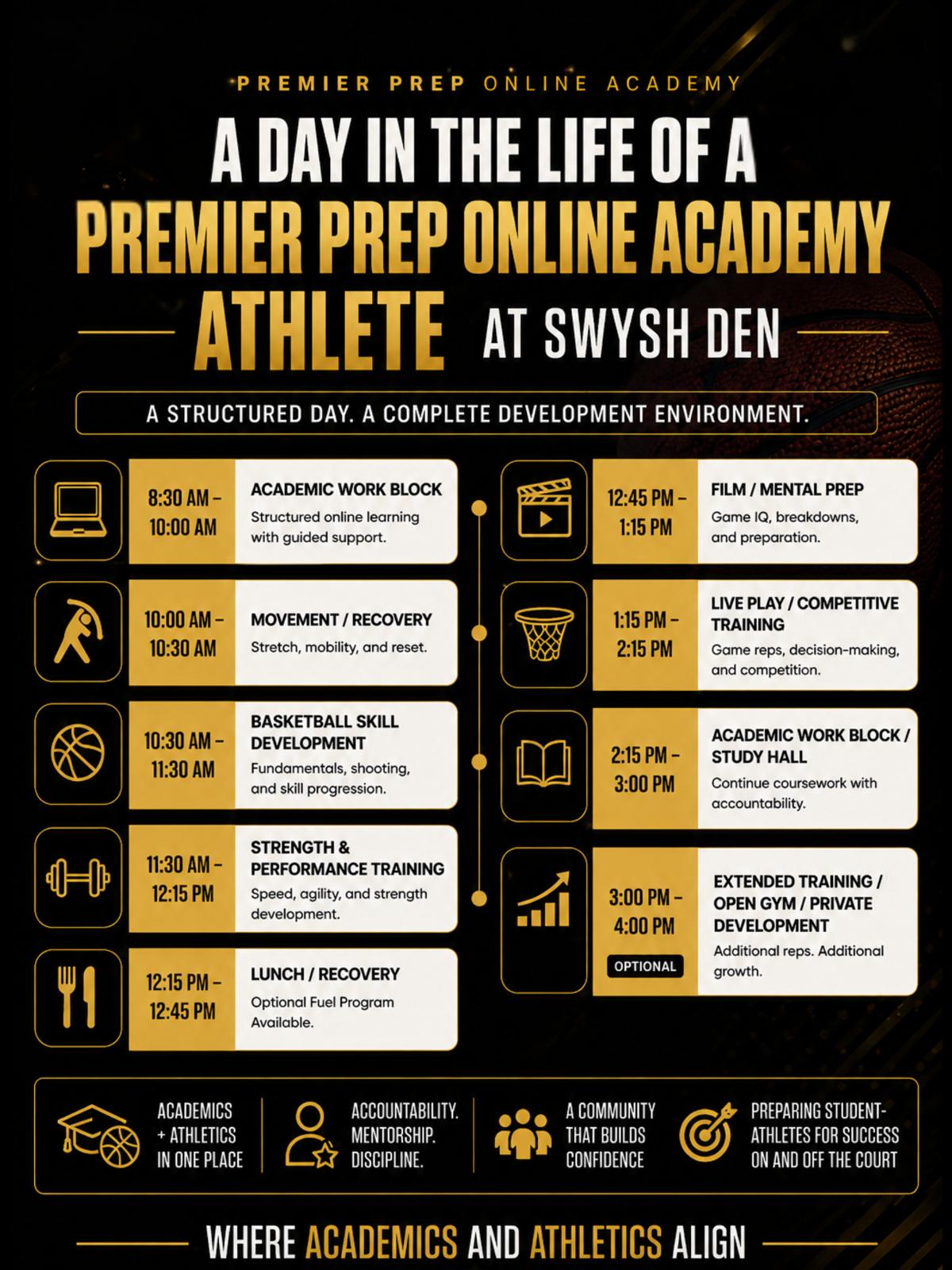 A day in the life of a Premier Prep Online Academy athlete, balancing academics, training, and recovery.